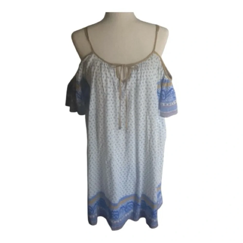FREE PEOPLE-BLUE AND WHITE OFF SHOULDER DRESS-WOMENS SIZE LARGE